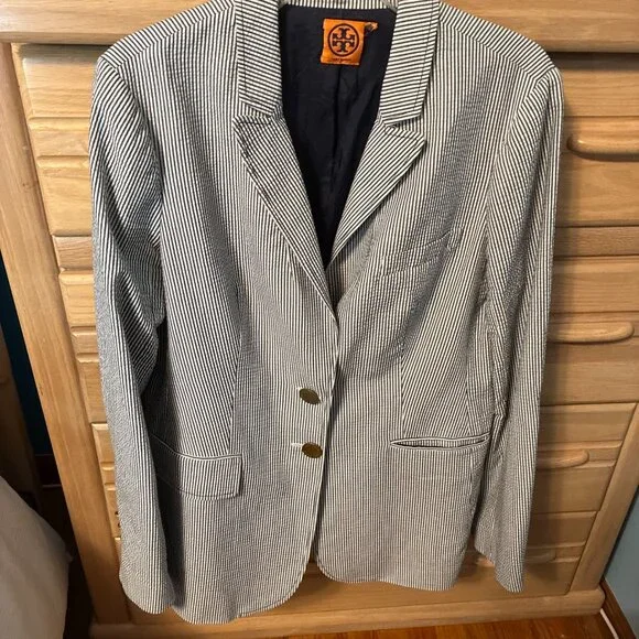 Tory Burch Women's Blue White Striped Blazer XL - Picture 1 of 9